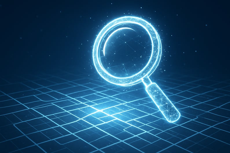 Abstract magnifying glass made of glowing lines and particles floating over a digital map grid representing being found online clean modern style with light blues and whites highcontrast but professional-1